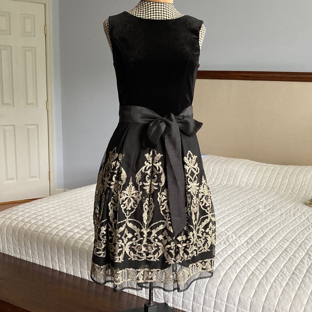 Madison Leigh Black and Gold Velvet and Embroidered Lace Midi Dress